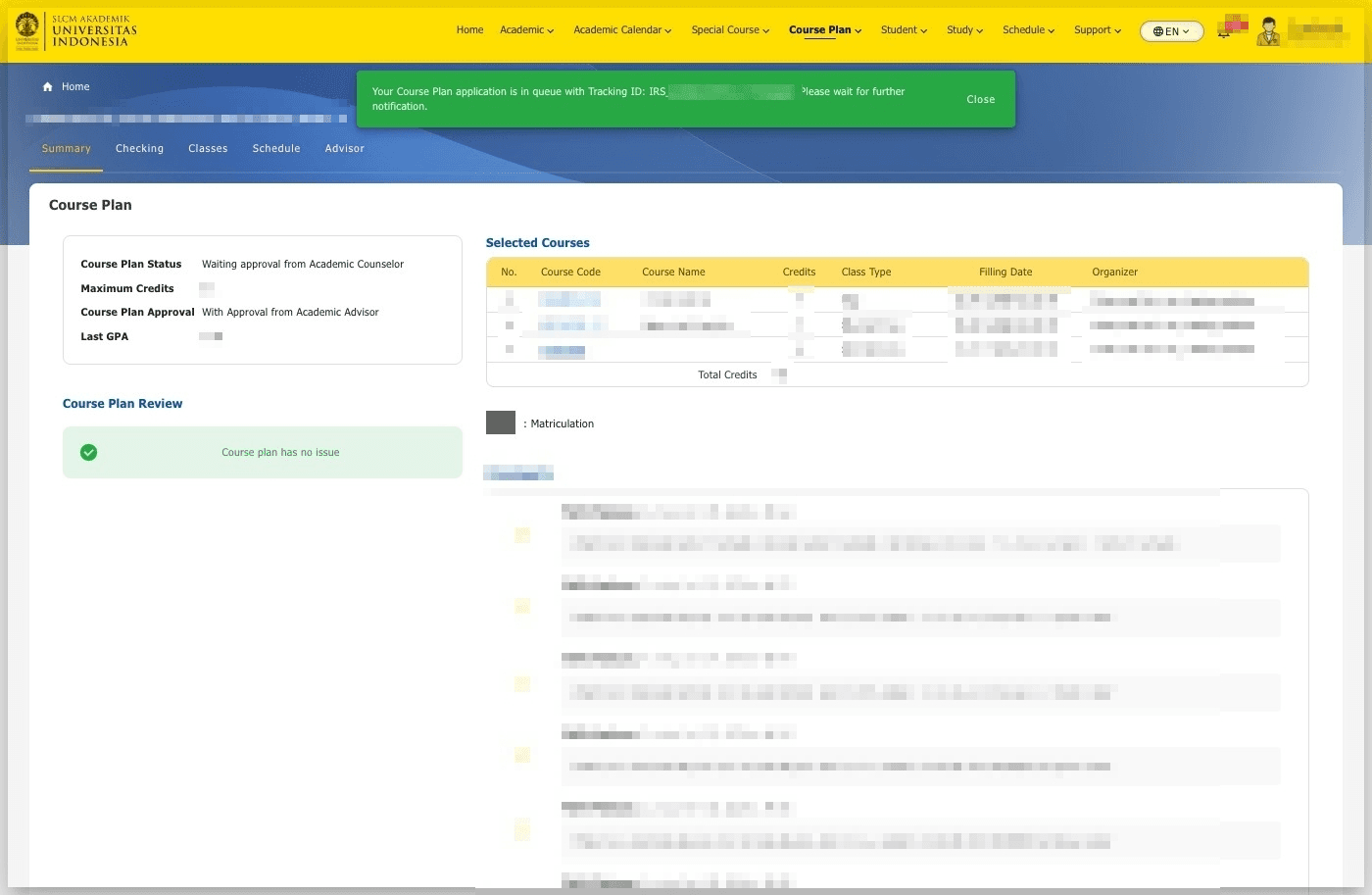 Halaman Course Plan SLCM: aplikasi masuk antrian dengan Tracking ID dan course plan has no issue